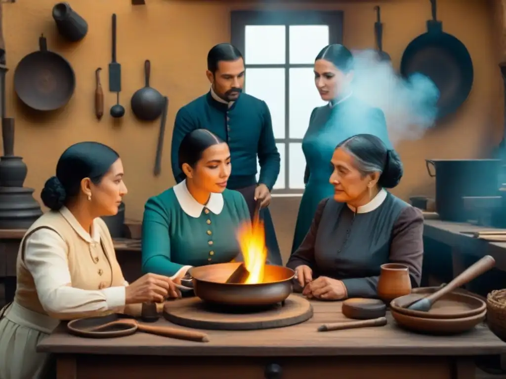 Una imagen detallada en 8k de un retrato familiar vintage de la familia Calderón en un taller tradicional Calderero