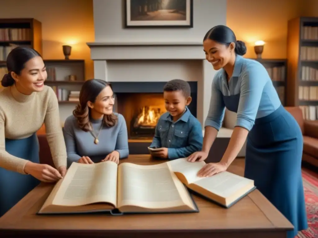 Imagen de una familia junto a la chimenea, explorando su árbol genealógico en una acogedora sala llena de libros y álbumes de fotos antiguos