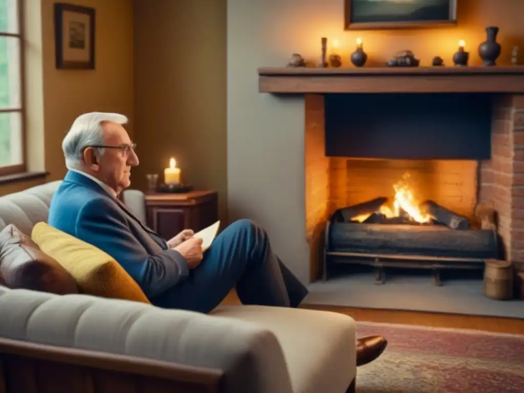 Imagen sepia de familia escuchando relatos junto a chimenea