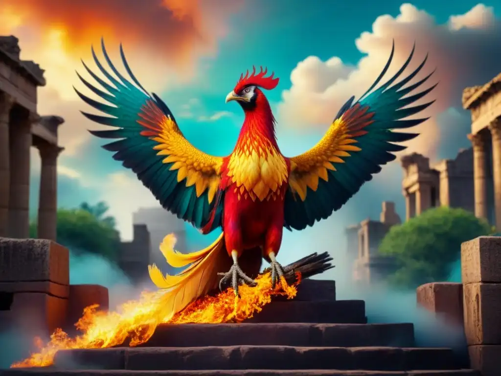 Imagen de un fénix majestuoso renaciendo de las cenizas con colores vibrantes, simbolizando transformación y origen apellidos inspirados mitología