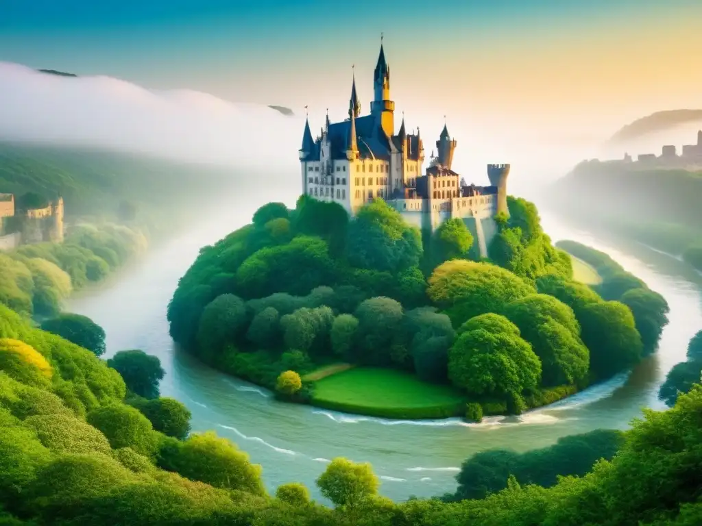 Imagen de un majestuoso castillo europeo rodeado de exuberante vegetación y un río, evocando historia y grandeza en Europa