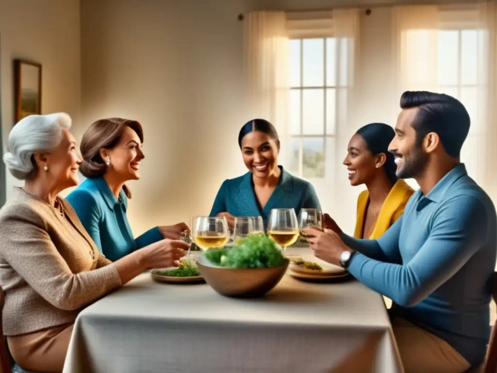 Una imagen nostálgica de familia reunida alrededor de una mesa, revelando historia genealógica con la revelación de ADN