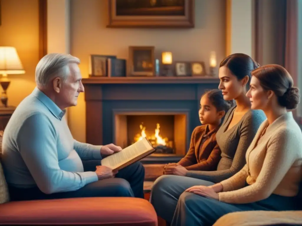 Una imagen vintage de una familia reunida alrededor de la chimenea, escuchando con atención a un miembro mayor mientras comparte historias