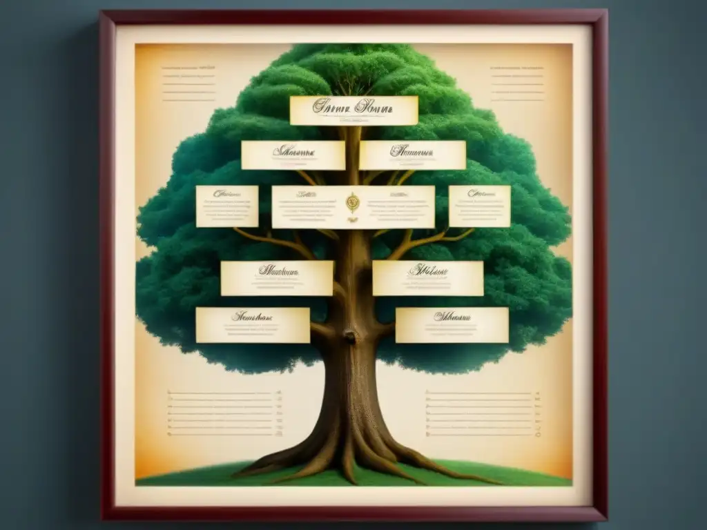 Impacto de apellidos en distribución de riqueza: Árbol genealógico vintage detallado con caligrafía ornamental sobre pergamino envejecido