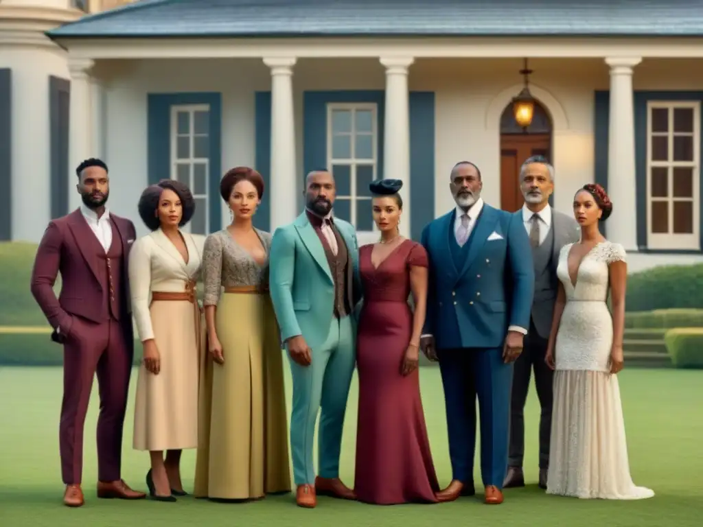 Impacto de políticas del siglo XX en apellidos: retrato familiar vintage en sepia con múltiples generaciones frente a una antigua casa