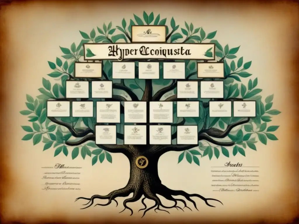 Impacto de la Reconquista Española en apellidos: Detallado árbol genealógico vintage de familias españolas prominentes en pergamino envejecido