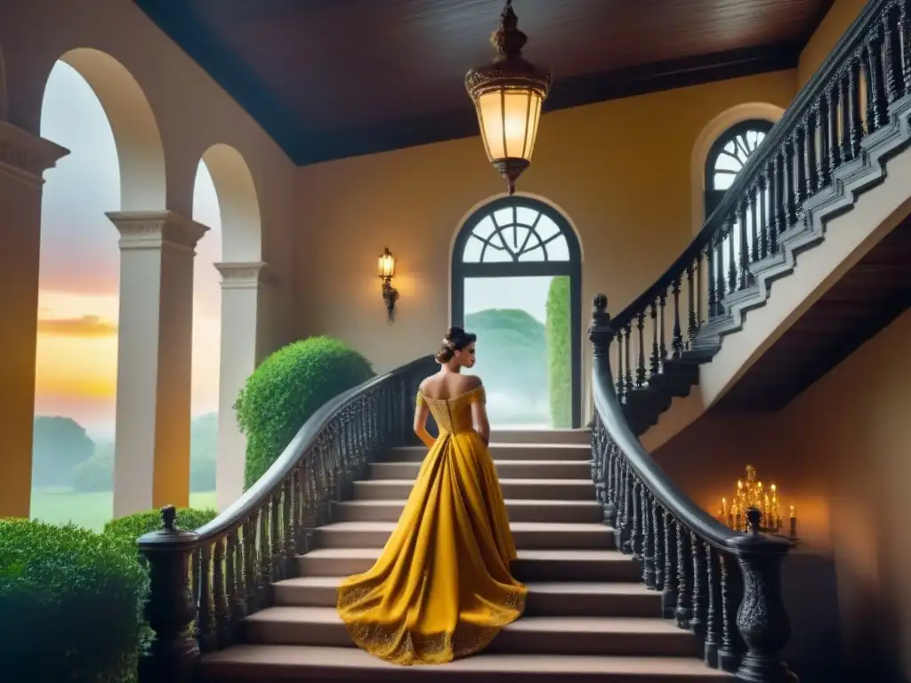 Residencia ancestral de la familia Herrera: elegancia y herencia eterna Imponente mansión ancestral de la familia Herrera rodeada de jardines verdes y robles, bajo un cálido atardecer dorado