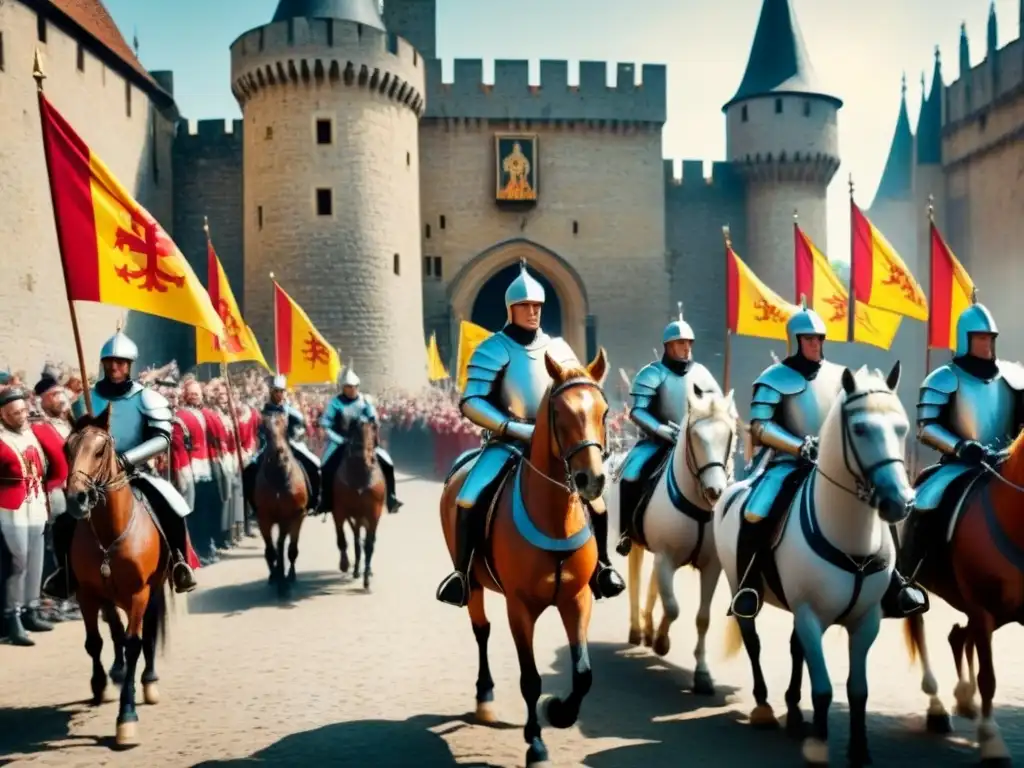 Imponente castillo medieval con caballeros en armadura, mostrando los orígenes de apellidos en Europa