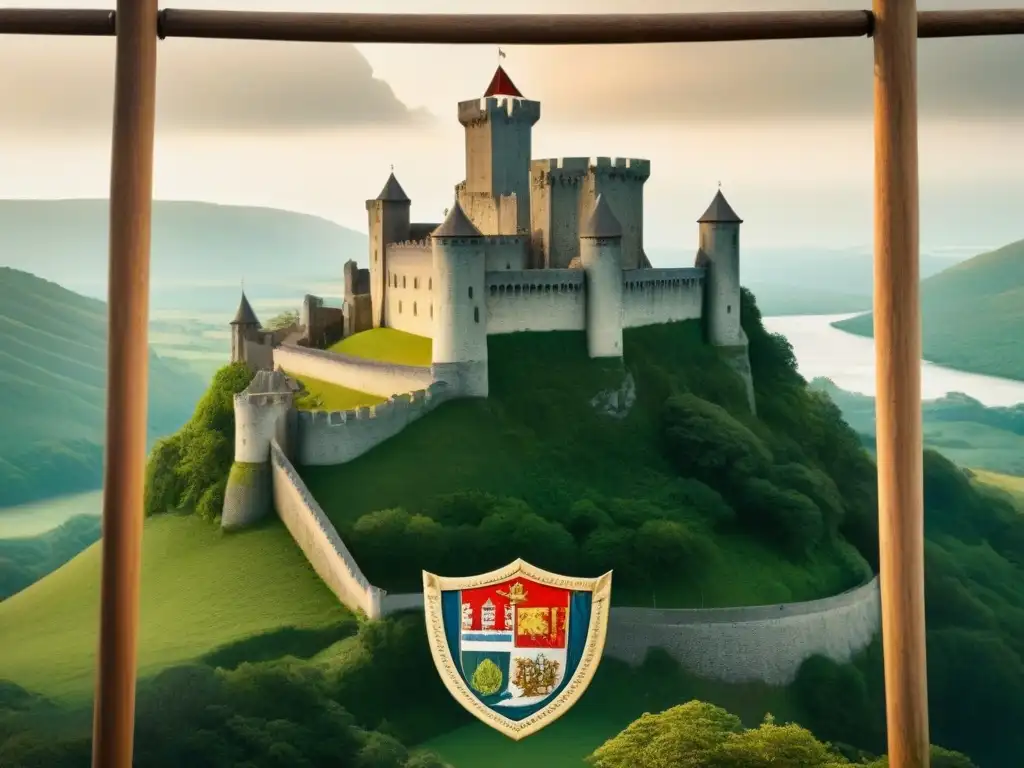 Imponente castillo medieval con el escudo de la familia Fajardo, evocando la historia del linaje Fajardo en un paisaje exuberante