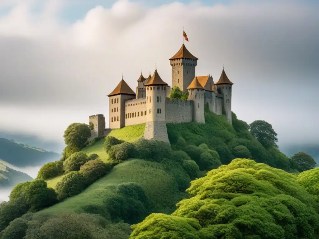 Un imponente castillo medieval de piedra, rodeado de exuberante vegetación y un río