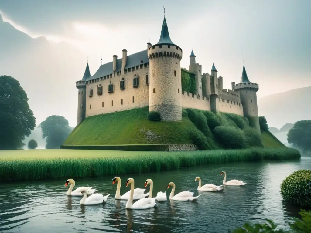 Imponente castillo medieval rodeado de naturaleza exuberante y un foso con cisnes