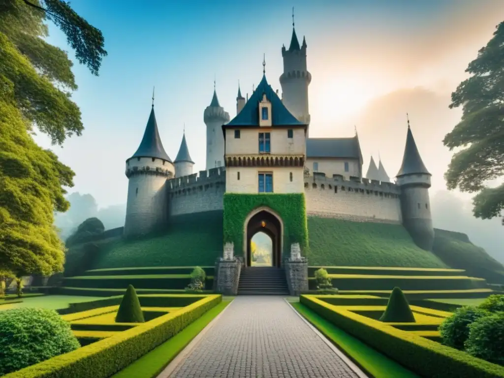 Imponente castillo medieval rodeado de vegetación bajo un cielo azul