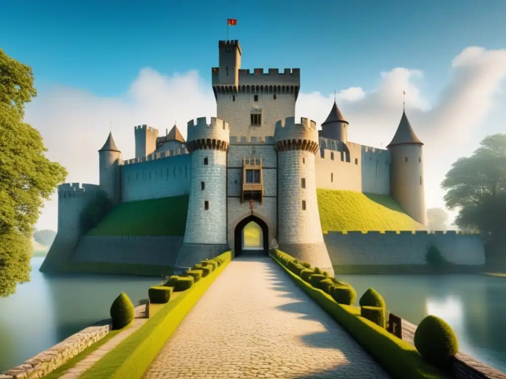 Imponente castillo medieval con torres, murallas de piedra, foso y un escudo de armas