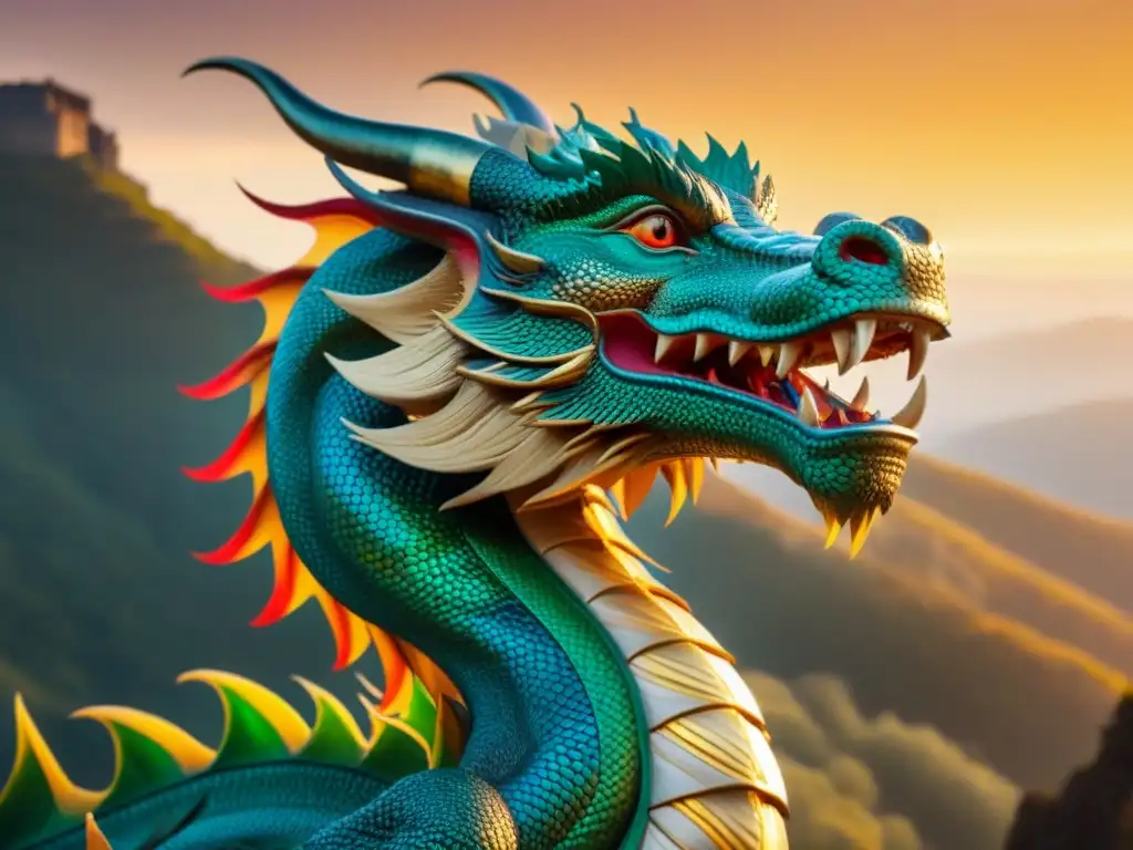Imponente dragón asiático entrelazado con vibrantes colores, simbolizando poder, sabiduría y protección