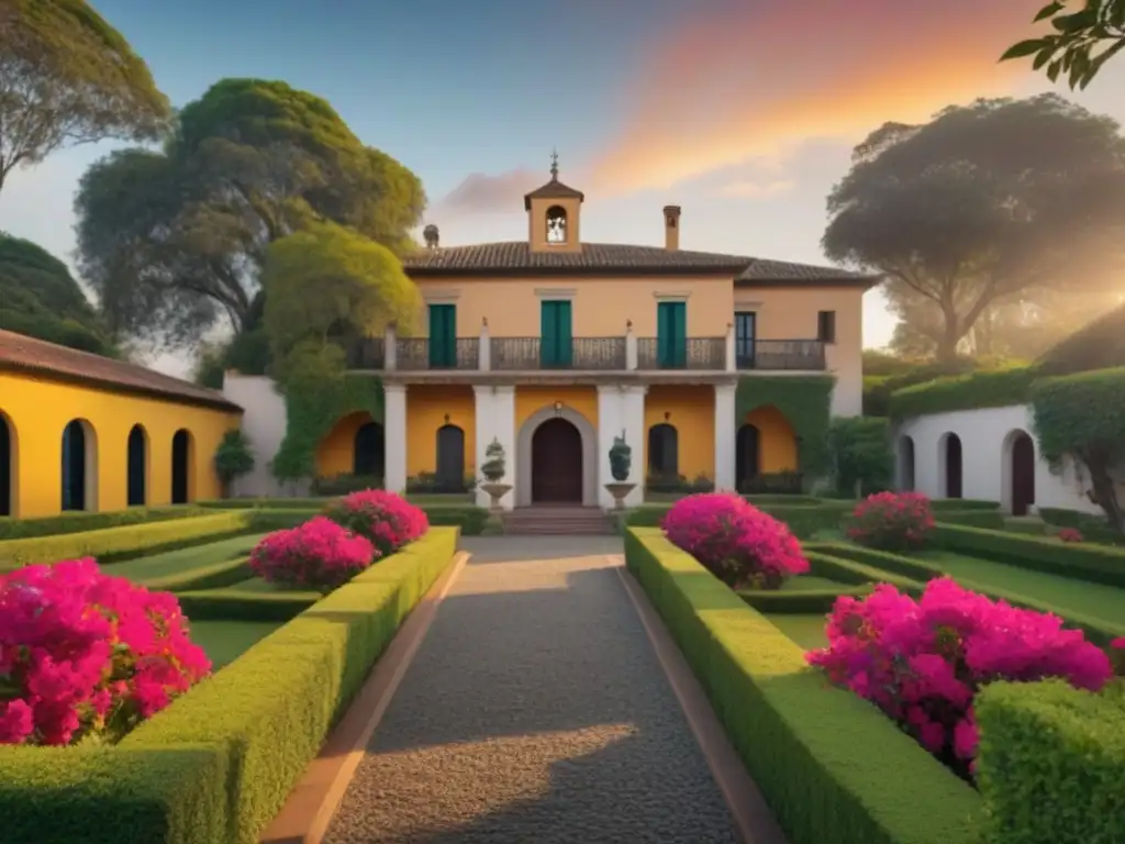 Imponente mansión colonial con el escudo de la familia Peralta, rodeada de jardines exuberantes