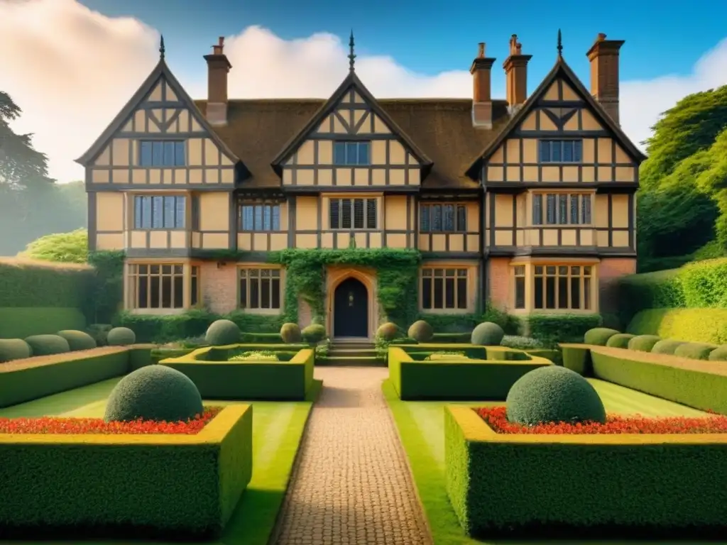 Imponente mansión Tudor rodeada de jardines y colinas verdes bajo cielo azul