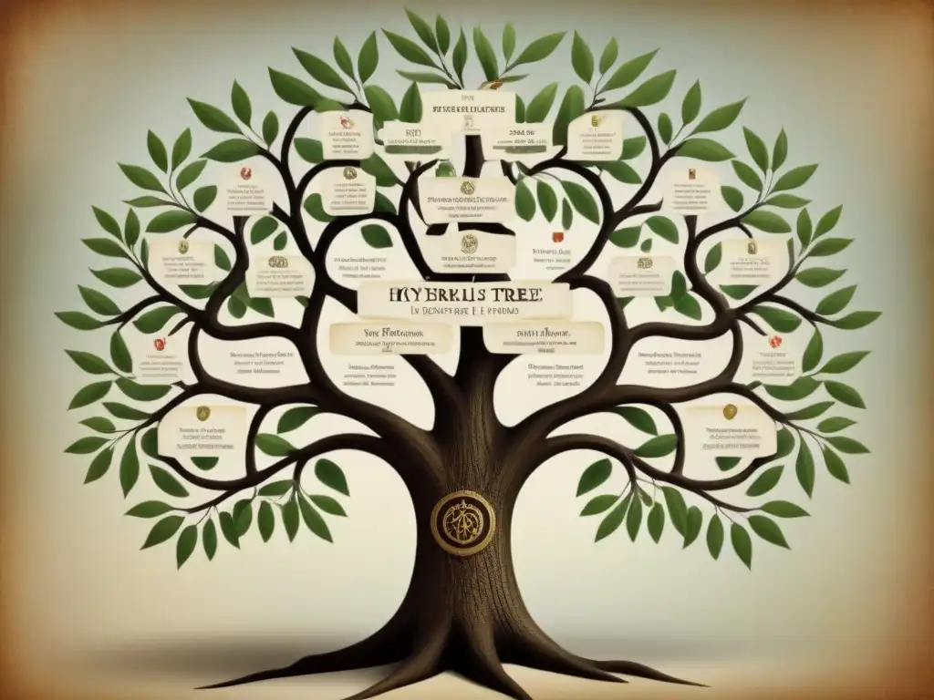 La importancia de los acentos en la genealogía de los apellidos: un árbol familiar detallado y envejecido, lleno de nombres y fechas