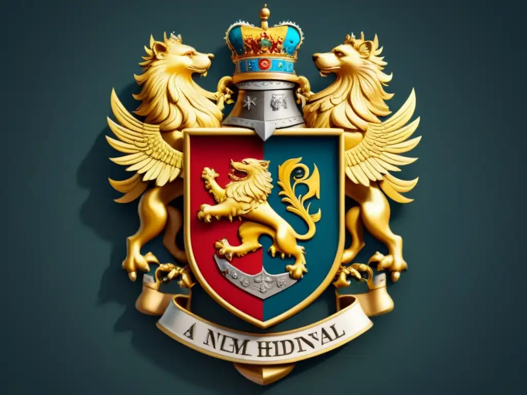 Impresionante escudo de armas familiar con símbolos heráldicos y colores ricos, representando la noble historia de los apellidos nobiliarios