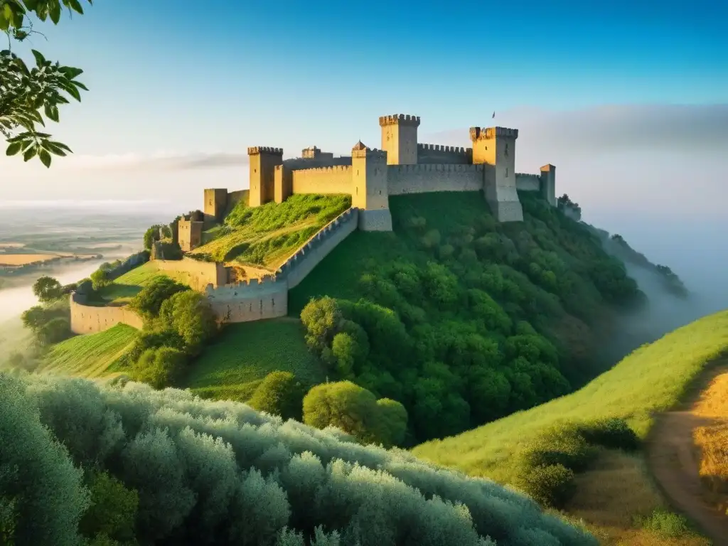 Impresionante fortaleza medieval en Cáceres, rodeada de exuberante vegetación bajo cielo azul