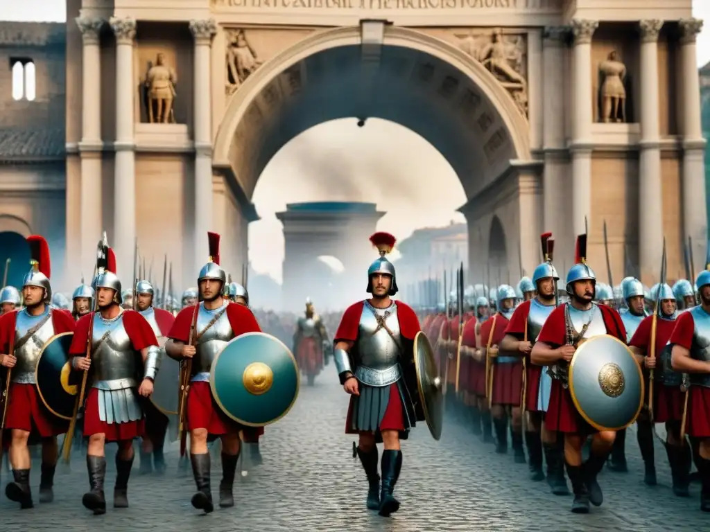 Impresionante procesión militar romana con soldados en armaduras detalladas marchando bajo un arco monumental, historia apellidos militares antiguos