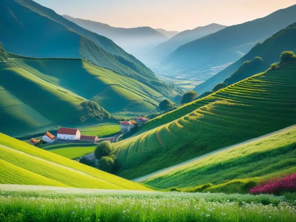 Impresionante paisaje montañoso vasco con granja tradicional y río serpenteante