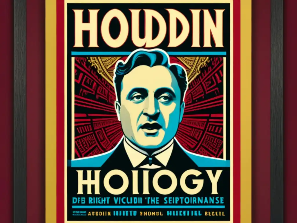 Un impresionante póster vintage de Houdini en plena hazaña de escapismo, rodeado de una multitud asombrada