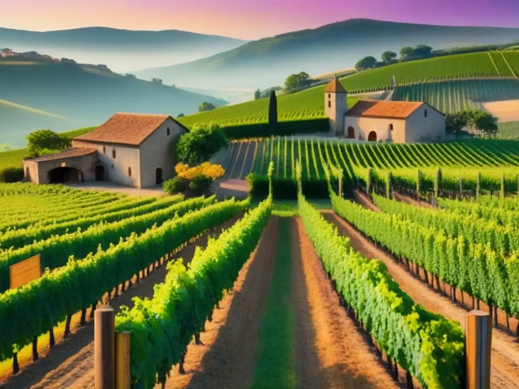 Un impresionante viñedo europeo al atardecer, con uvas, bodega de piedra y pueblo en colinas