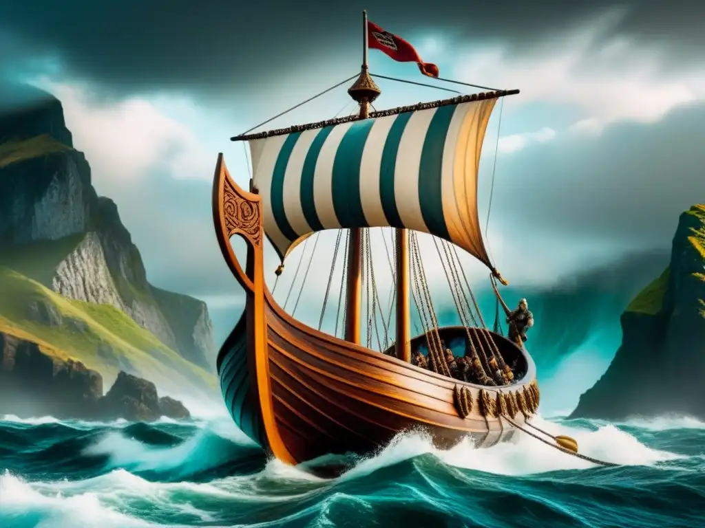 Impresionante ilustración vintage de un majestuoso barco vikingo surcando aguas turbulentas bajo un cielo dramático, con guerreros y escudos coloridos