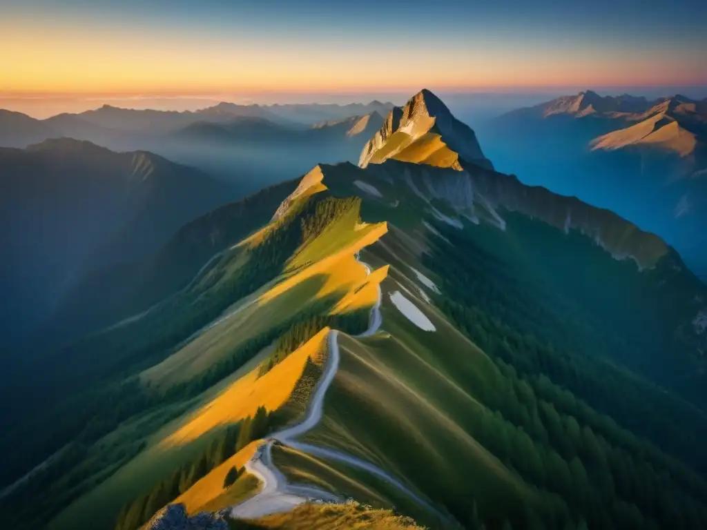 Impresionante vista de una cordillera al atardecer, simbolizando la fortaleza y el linaje de la familia Sierra