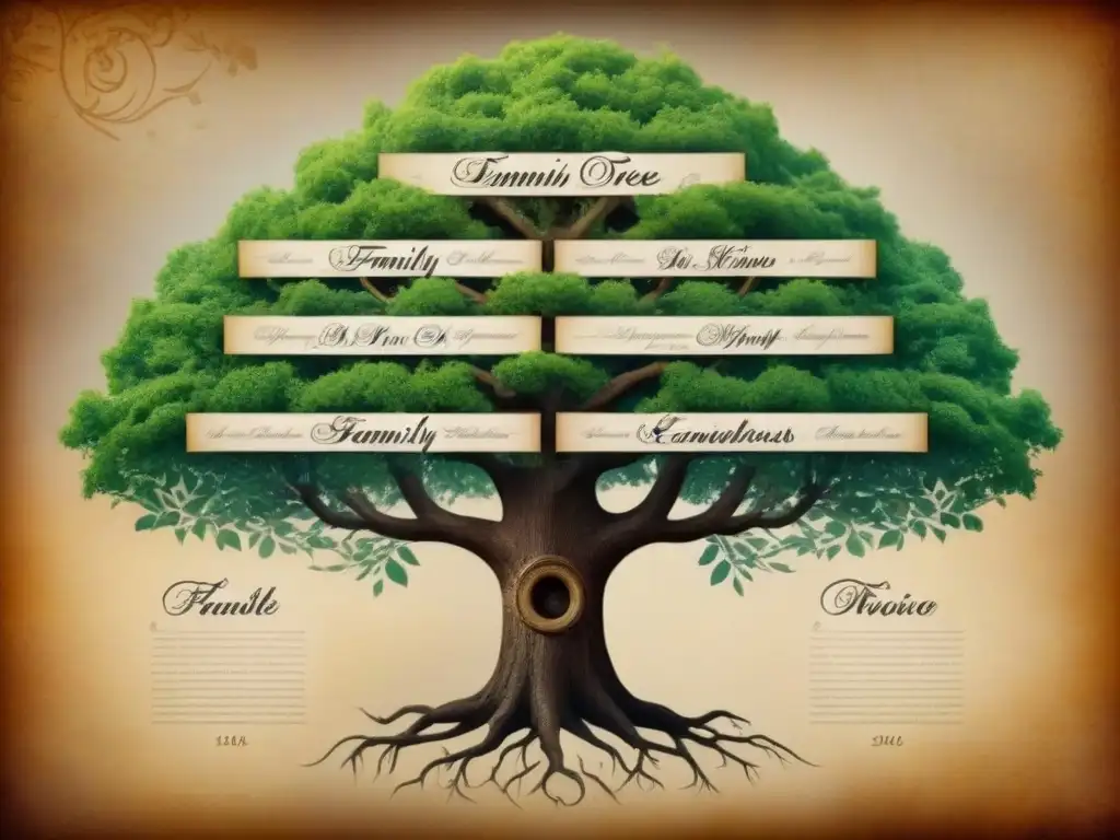 Interesante árbol genealógico antiguo, con detalles de caligrafía y apellidos, perfecto para introducción genealogía niños historia apellidos