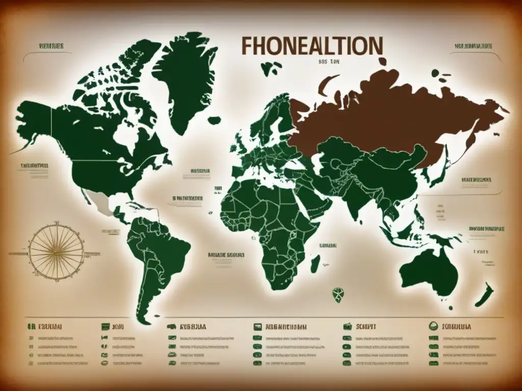 Intrincada ilustración vintage de adaptación de apellidos extranjeros fonética con detalles lingüísticos y mapa global