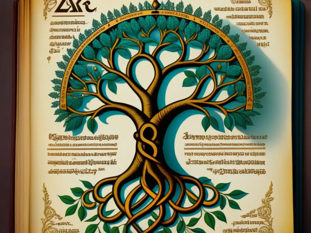 Intrincada ilustración vintage de un Árbol de la Vida Kabbalístico con caligrafía judía y la conexión apellidos Kabbalah Judía