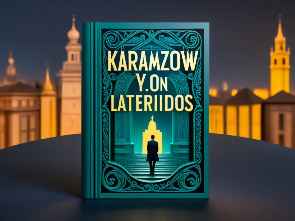 Intrincada portada vintage de 'Karamazov y Kafka' con siluetas entrelazadas en una ciudad laberíntica