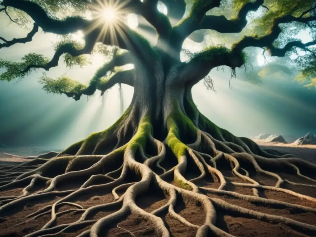 Intrincada red de raíces entrelazadas bajo tierra, simbolizando conexiones inesperadas en árboles genealógicos
