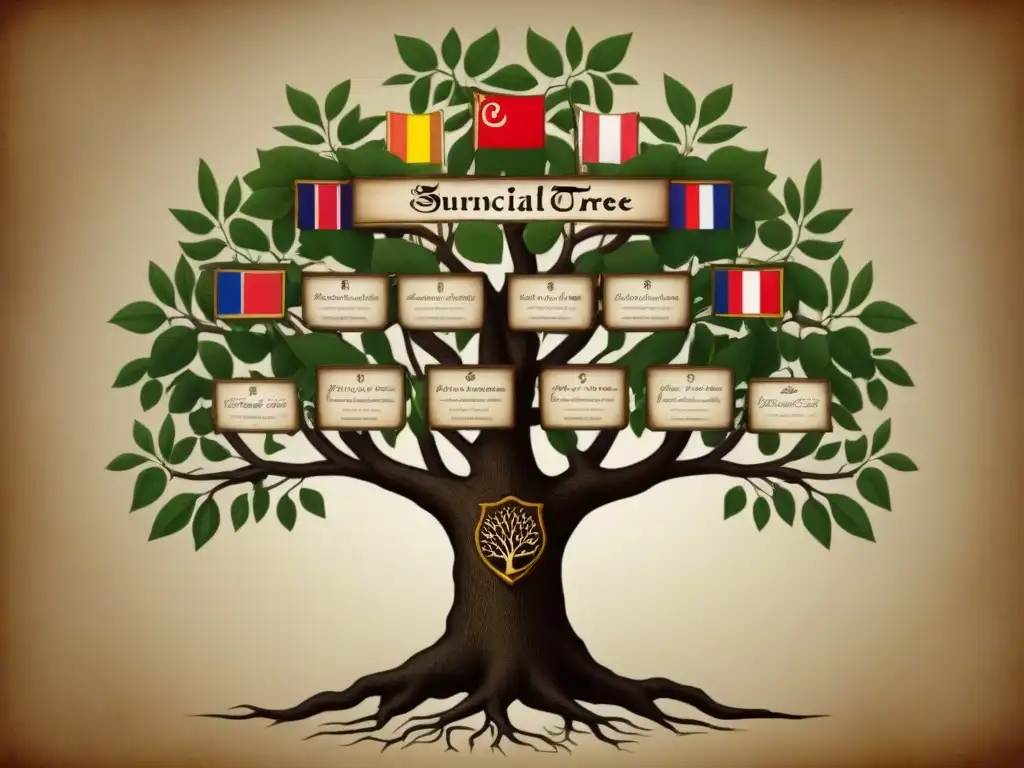 Intrincado árbol familiar con escudos y banderas, reflejando historia de apellidos y linajes