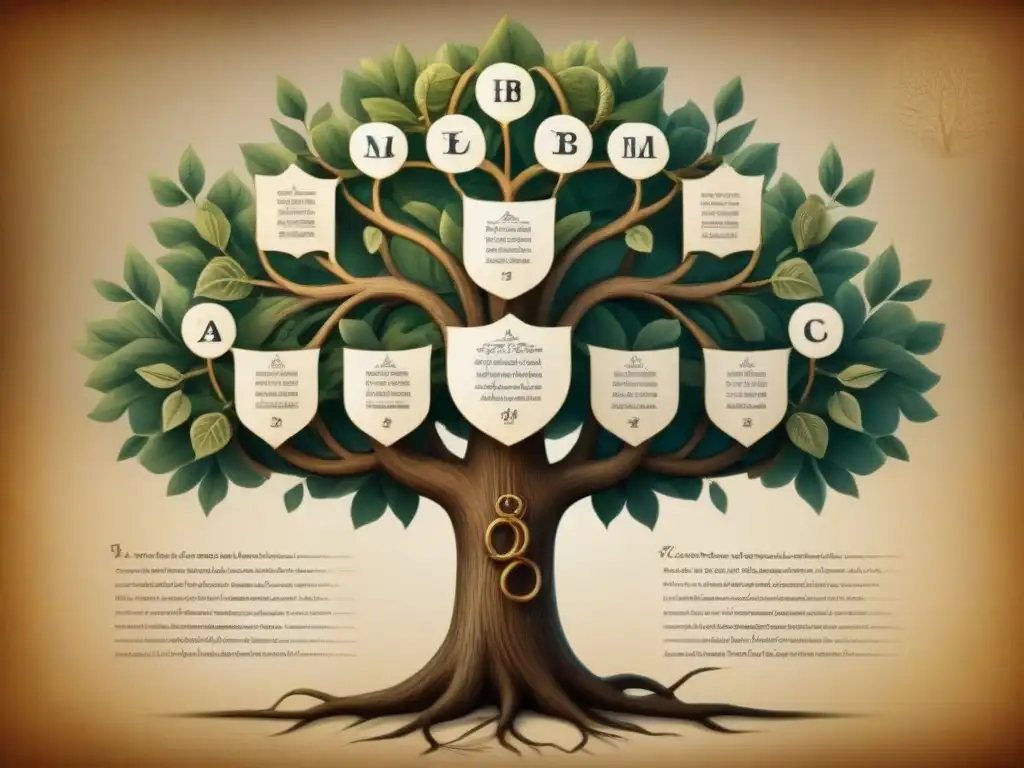 Intrincado árbol genealógico con evolución de apellidos y cambios fonéticos entrelazados en una ilustración vintage