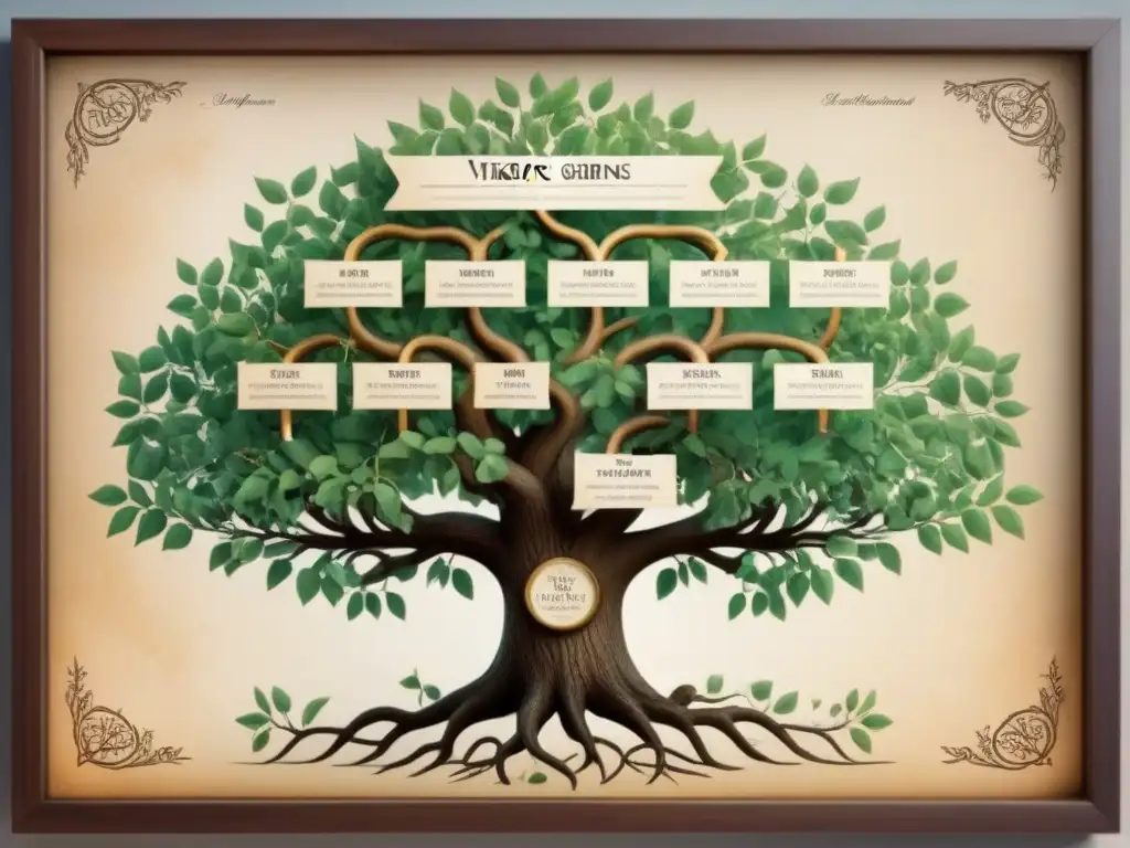 Intrincado árbol genealógico vintage muestra evolución de apellidos vikingos a linajes nobles, con detalladas ramas entrelazadas