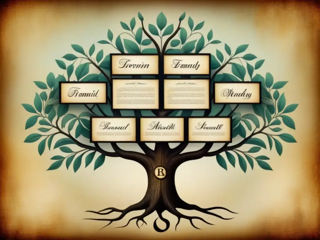 Intrincado árbol genealógico con apellidos hebreos en caligrafía, evocando la historia y significado de los apellidos