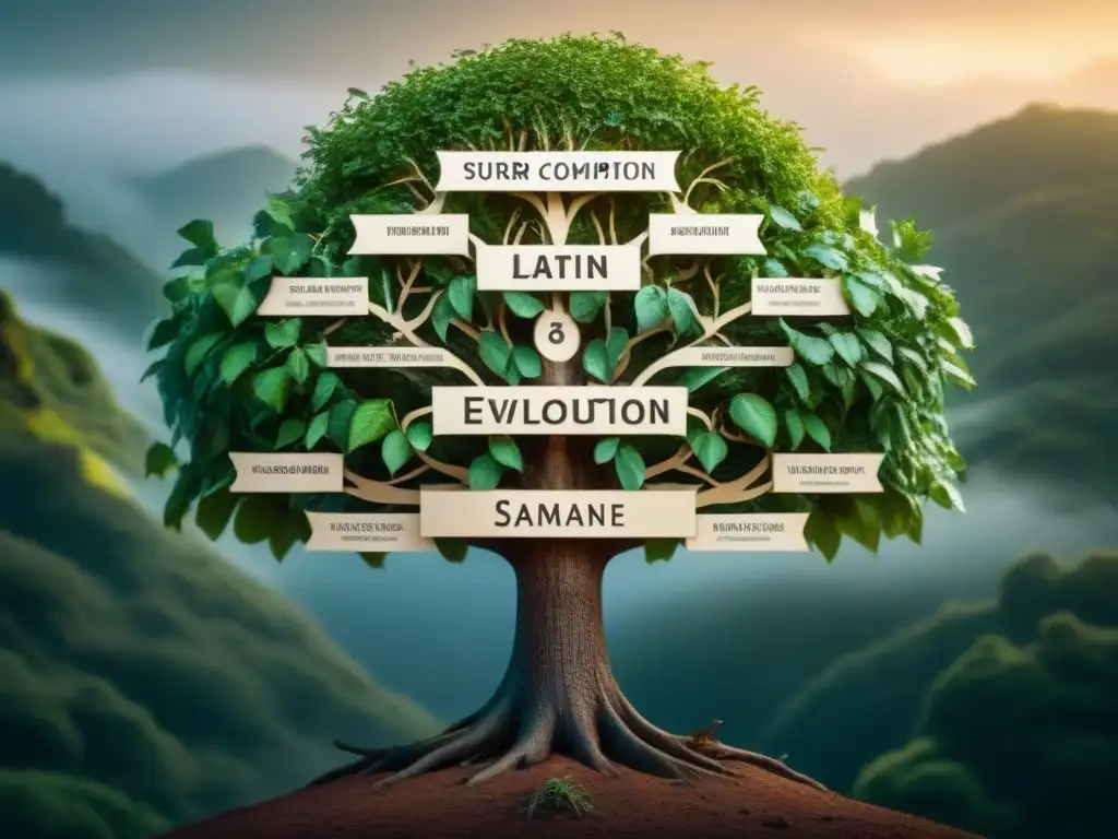Árbol genealógico: Evolución de apellidos latinos a modernos Intrincado árbol genealógico mostrando la evolución de apellidos desde raíces latinas hasta iteraciones modernas, con ramas entrelazadas y conectando diferentes generaciones