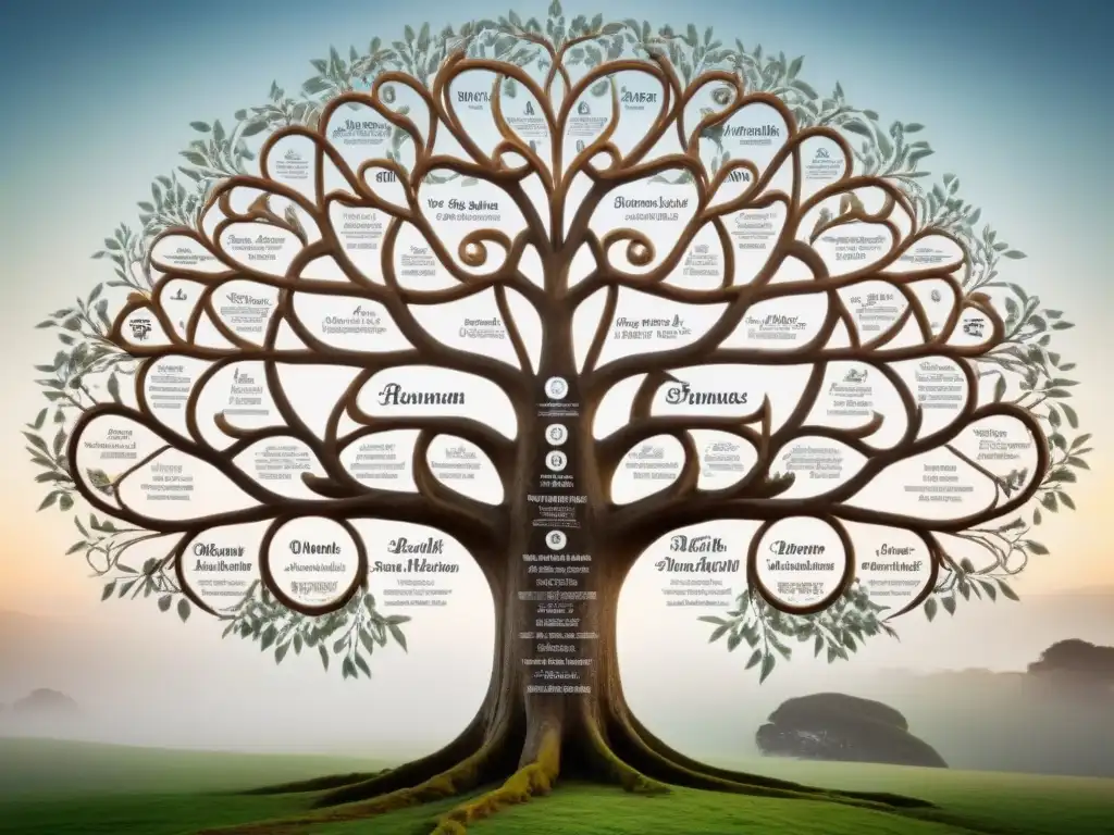 Intrincado árbol genealógico que muestra la evolución de apellidos en culturas a lo largo de la historia