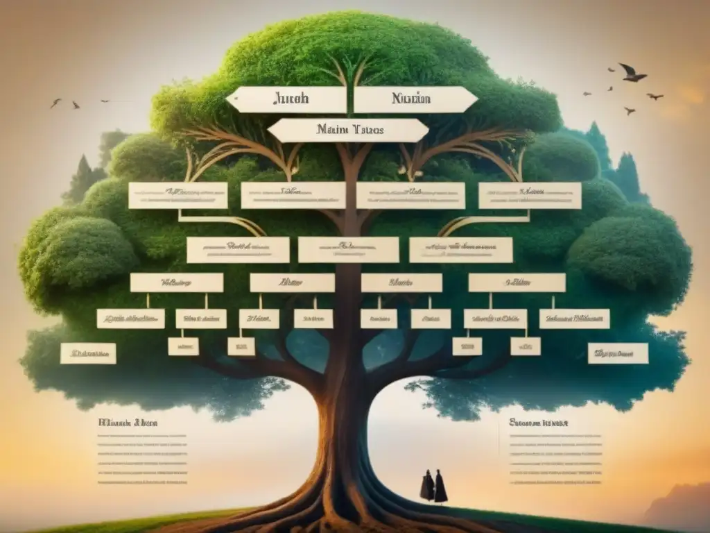 Intrincado árbol genealógico de apellidos sefardíes con influencia del judaísmo, entrelazando ramas y símbolos históricos