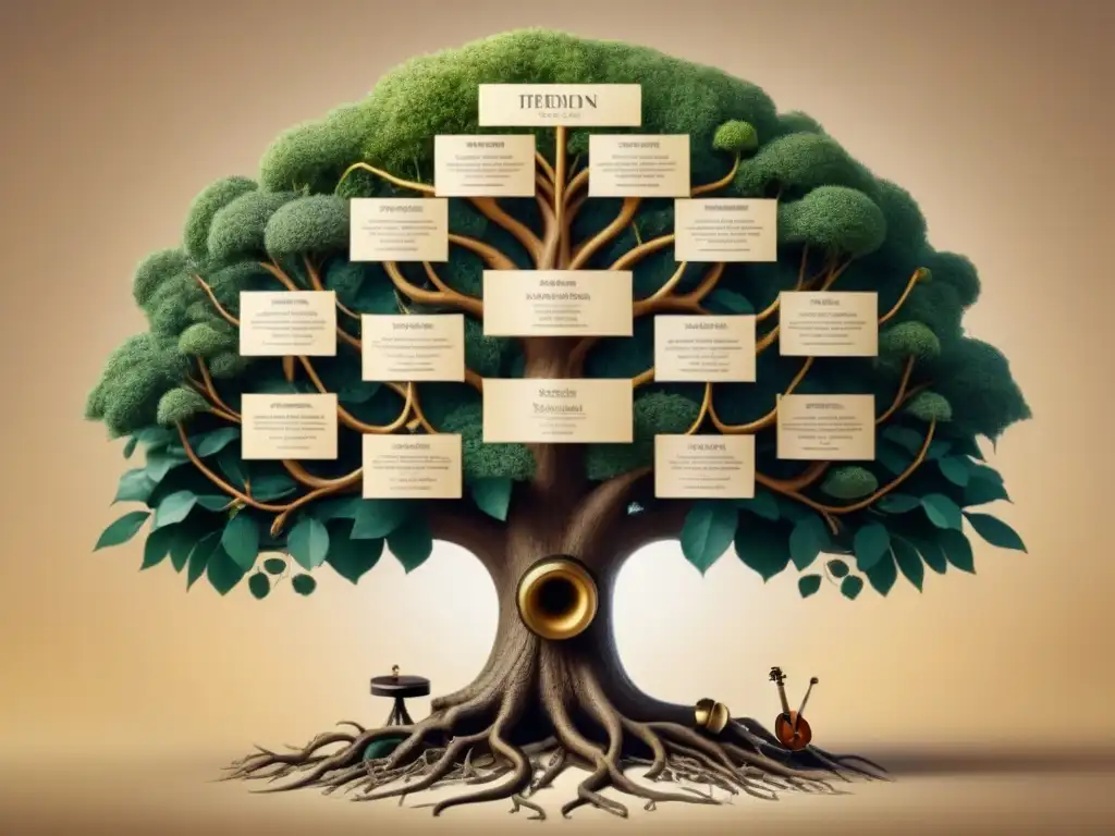 Intrincado árbol genealógico con apellidos de distintas culturas, notas musicales y raíces profundas