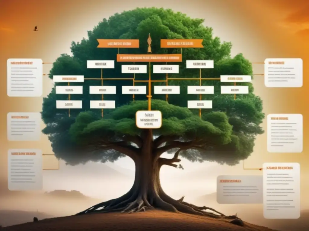 Intrincado árbol genealógico ilustrando la evolución de apellidos postConquista en América, destacando a Narváez y eventos históricos