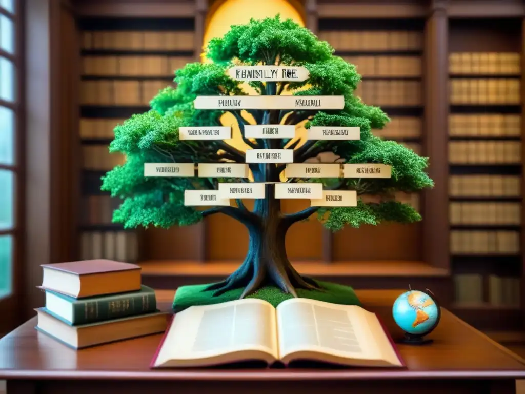 Intrincado árbol genealógico en una biblioteca histórica