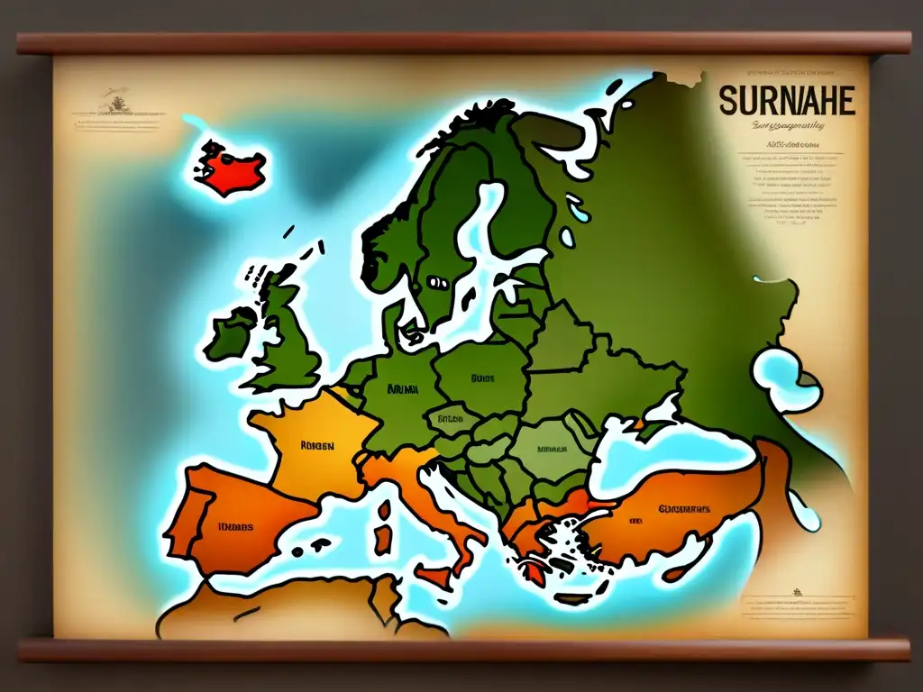 Intrincado árbol genealógico y detallado mapa vintage de Europa, mostrando la influencia del origen geográfico en los apellidos