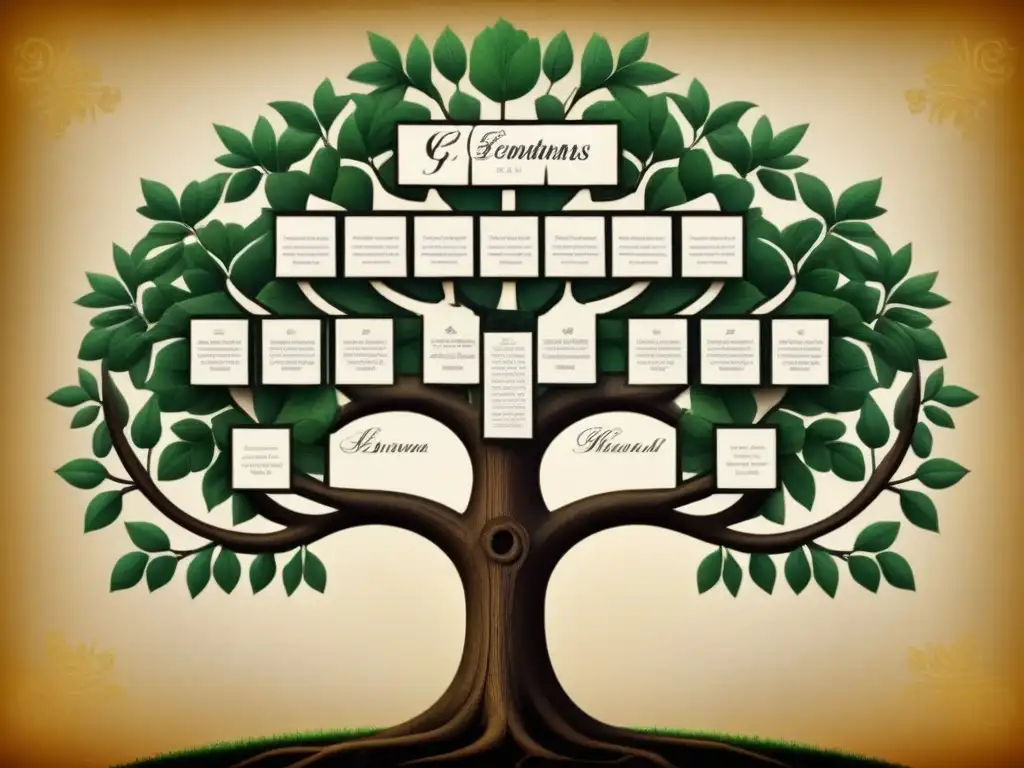 Intrincado árbol genealógico estilo vintage mostrando la evolución de apellidos con la letra 'G' en diferentes periodos históricos