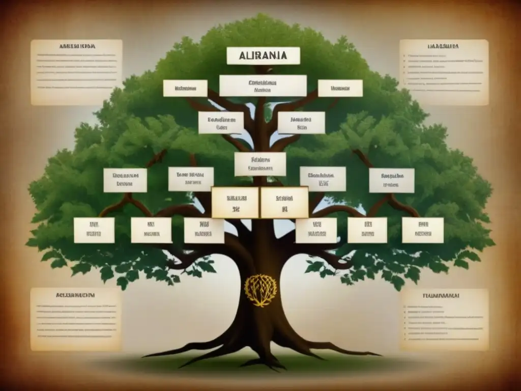 Intrincado árbol genealógico de una familia albanesa vintage, destacando la singularidad de los apellidos