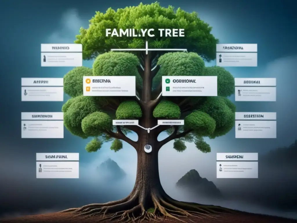 Intrincado árbol genealógico de familias aristocráticas industriales, mostrando conexiones y linajes