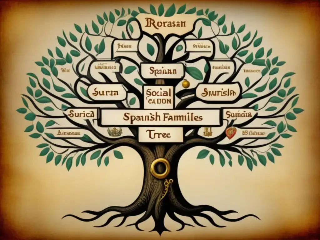 Intrincado árbol genealógico de familias españolas prominentes en el Renacimiento, mostrando ascenso social y apellidos