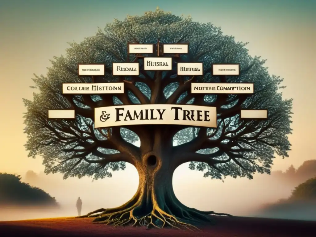 Intrincado árbol genealógico con historia de apellidos en tonos terrosos y caligrafía detallada